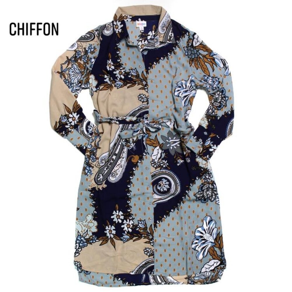 NEW‎ Lularoe M Ellie Shirt Dress Full Button Blue Paisley NWT Long Sleeve Tan